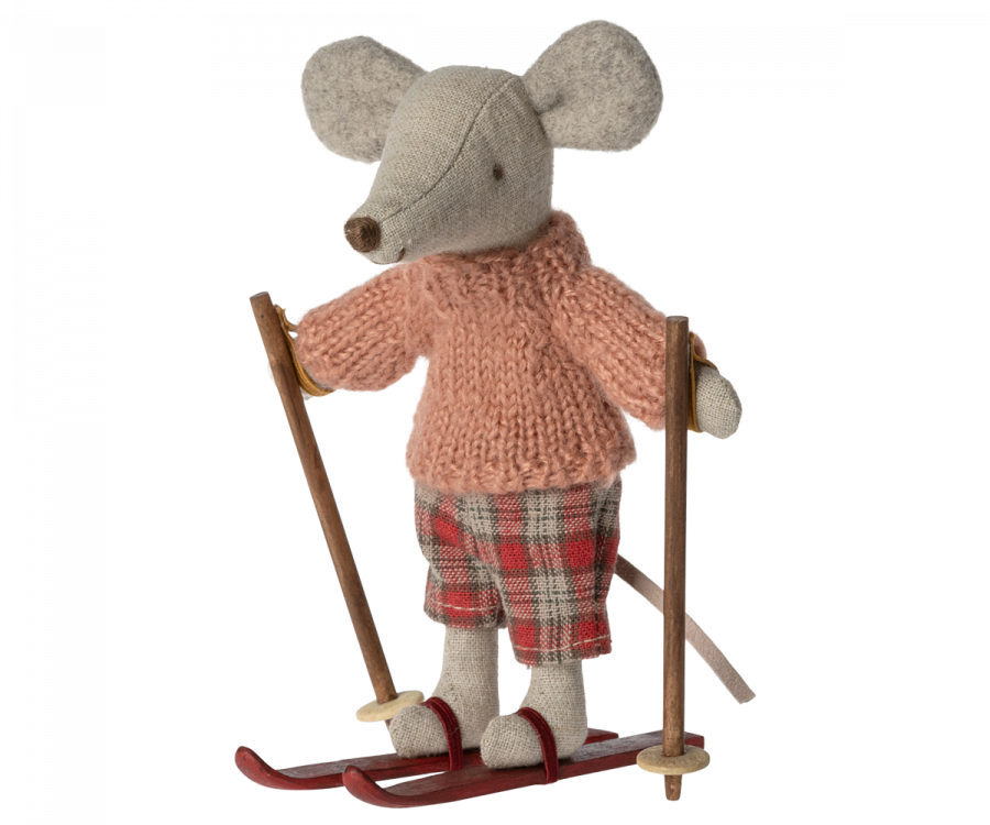 Maileg Vintermus Storasyster Mus med Skidor och Rosa Stickad Tröja