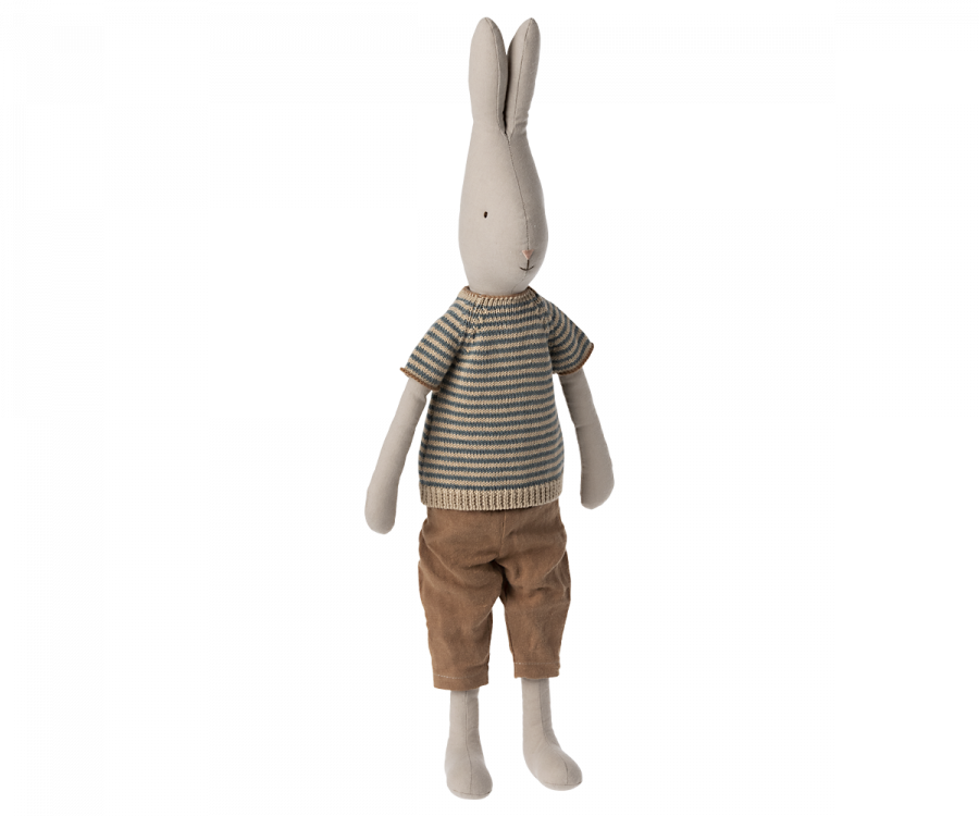 Maileg Kanin Strl 4 - Rabbit med Blå Randig Stickad Tröja och Bruna Byxor