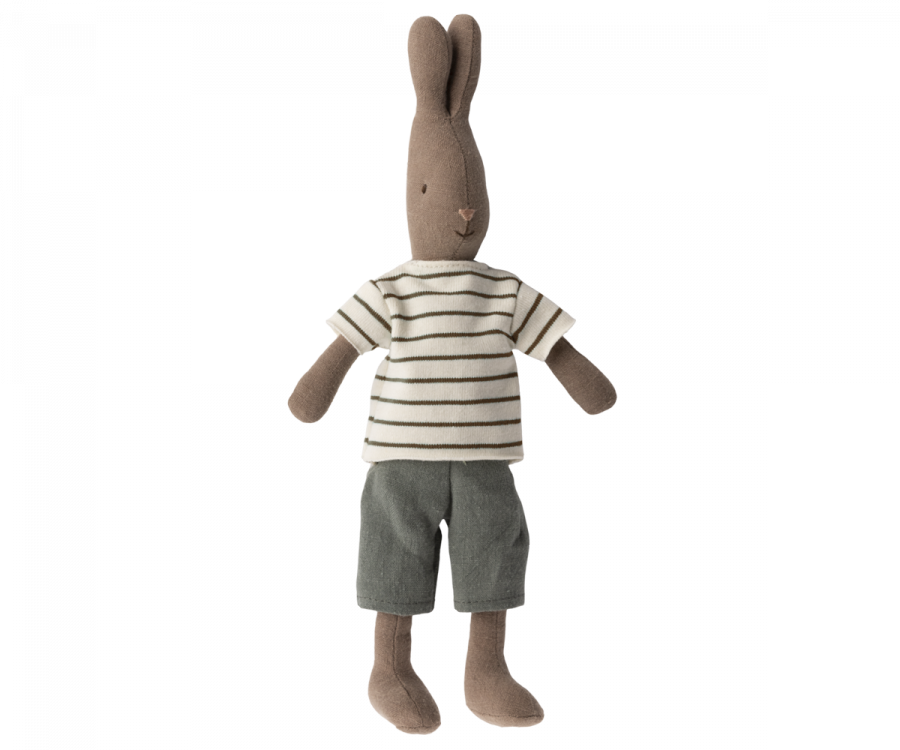 Maileg Brun Kanin Storlek 2 - Rabbit med Brun randig tröja och Grå Byxor