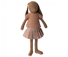 Maileg Brun Kanin Strl 3 - Bunny med Rosa Stickad Tröja och Rutig Veckad Kjol