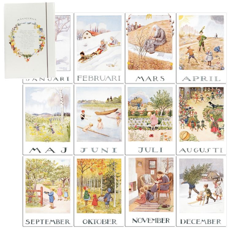 Elsa Beskow Månadsbilder i Mapp 12 st (Januari - December) A4