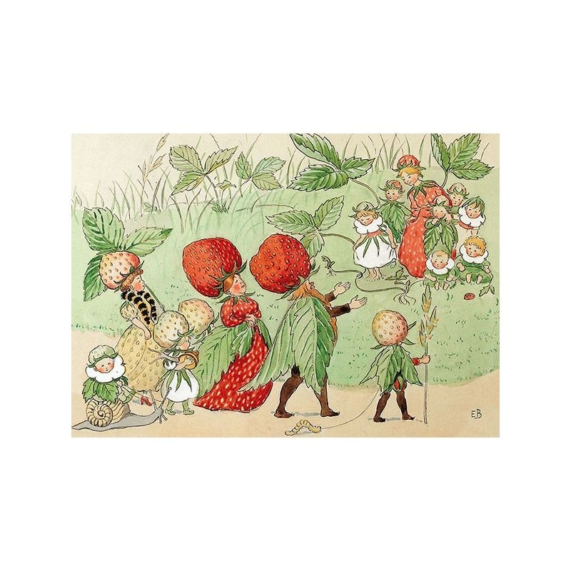 Vykort Elsa Beskow Jordgubbsfamilj Sommar Jordgubbe