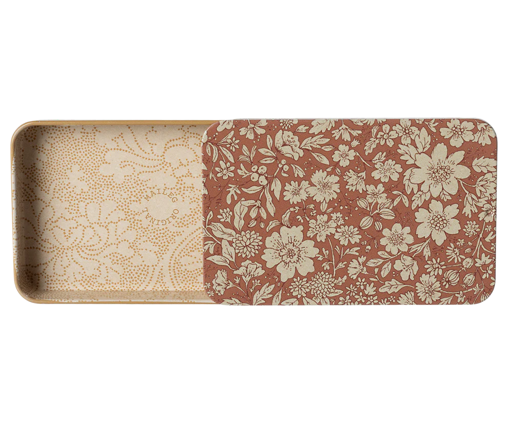 Maileg Ask i Metall Etui med Skjutlock Blommig Rosa - Plåtask med Lock Blossom Heather