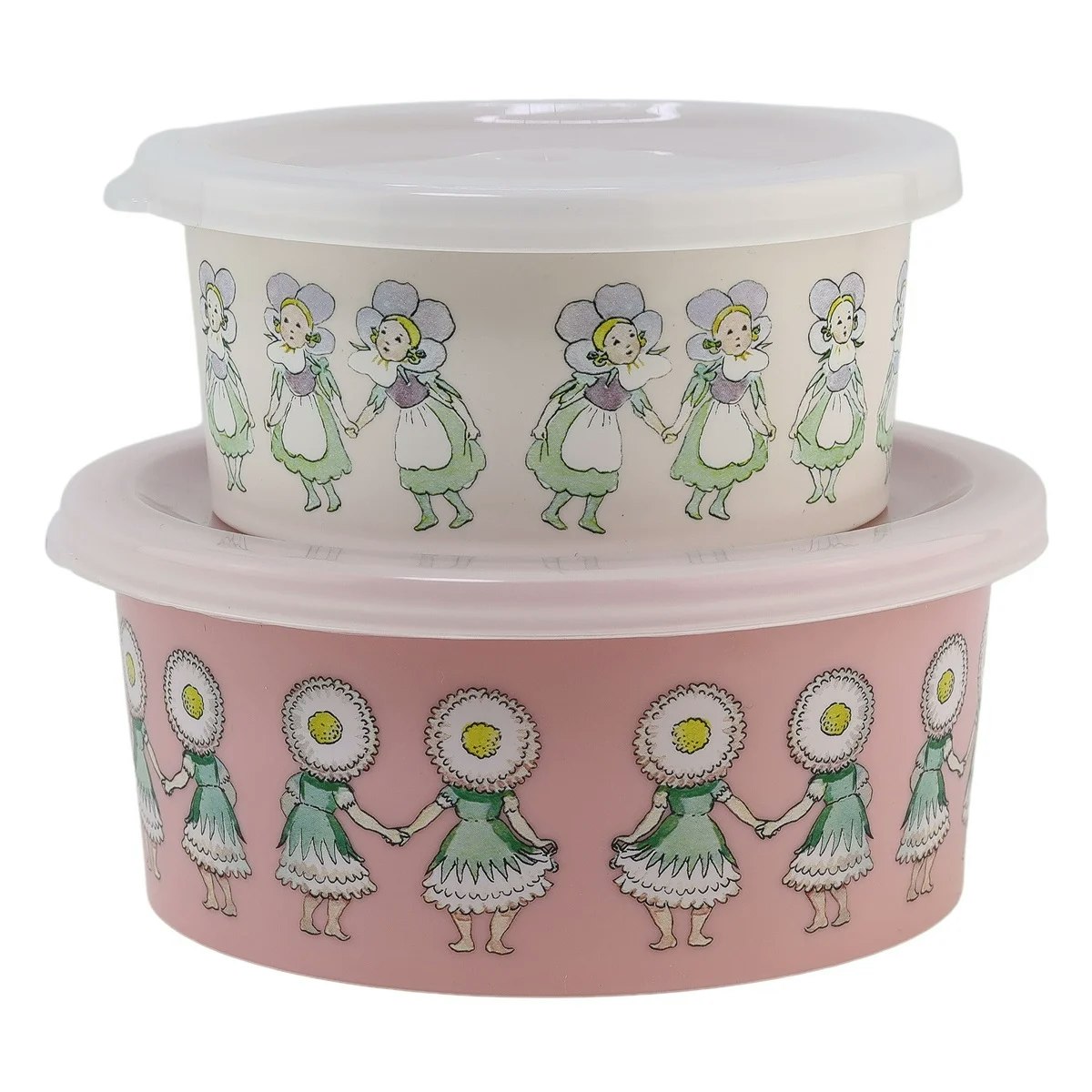 Elsa Beskow Snacksbox Blomsterfesten Set om Två Rätt Start Matlåda till Barn Rosa Vit med Blommor