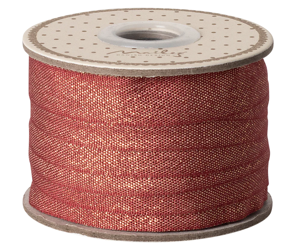 Maileg Bomullsband 10 m - Red/Gold Rött Glittrigt Band på Pappers Rulle