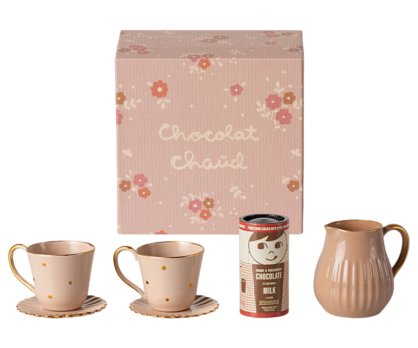 Maileg Set med Varm Choklad till Kanin i Ask - Kanna Koppar Rosa Guld Prickig