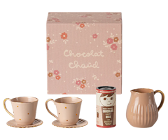 Maileg Set med Varm Choklad till Kanin i Ask - Kanna Koppar Rosa Guld Prickig