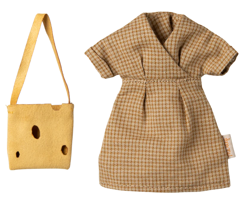 Maileg Brun Mamma Mus med Smårutig Klänning och Väska