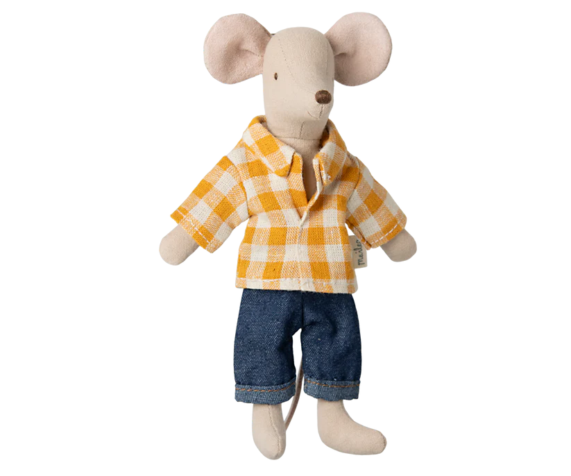 Maileg Pappa Mus med Gul Rutig Skjorta och Jeans