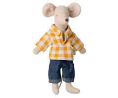 Maileg Pappa Mus med Gul Rutig Skjorta och Jeans