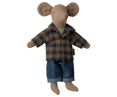 Maileg Brun Pappa Mus med Brun Rutig Skjorta och Jeans