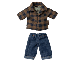 Maileg Brun Pappa Mus med Brun Rutig Skjorta och Jeans