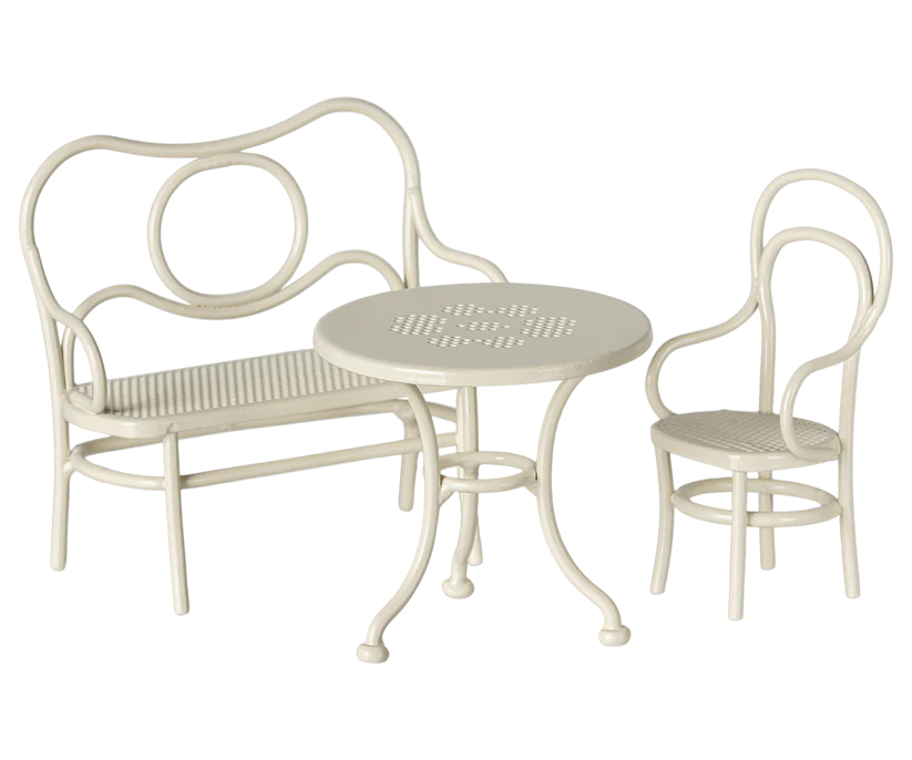 Maileg Café Set till Möss Small - Off White Vit Utemöbler Bord Bänk och Stol