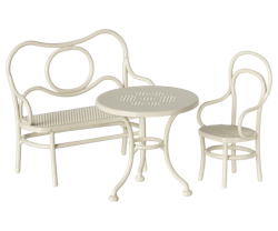 Maileg Café Set till Möss Small - Off White Vit Utemöbler Bord Bänk och Stol