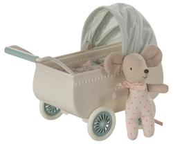Maileg Vintage Barnvagn till Möss med Baby Mus - Blå