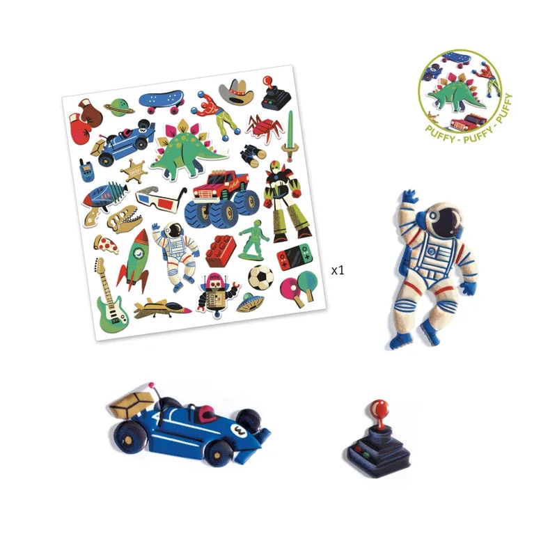 Djeco Klistermärken Retro Toys Tredimensionella Rymden Bilar Dinosaurier