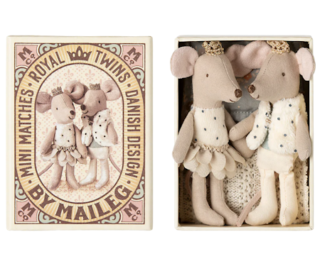 Maileg Royal Twins i Bäddad Ask Vit - Tvillingar Lillebror Prins Lillasyster Prinsessa Mus med Krona