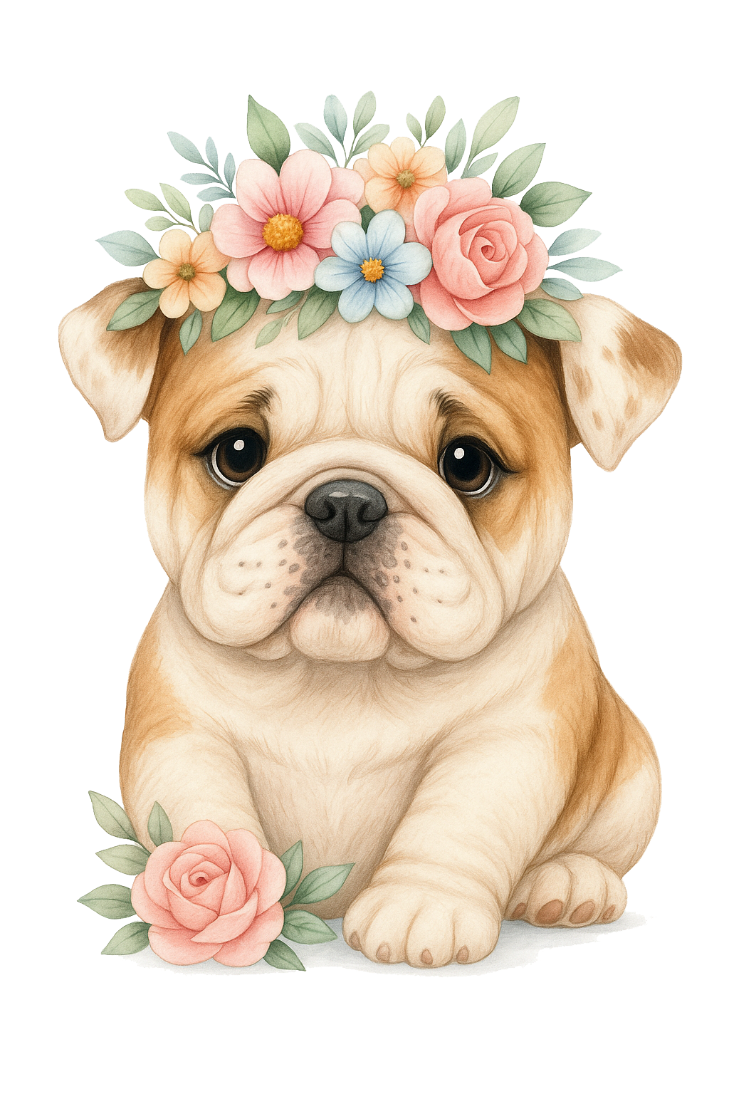 Engelsk bulldog med blommor till tyg