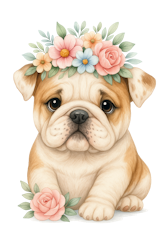 Engelsk bulldog med blommor till tyg