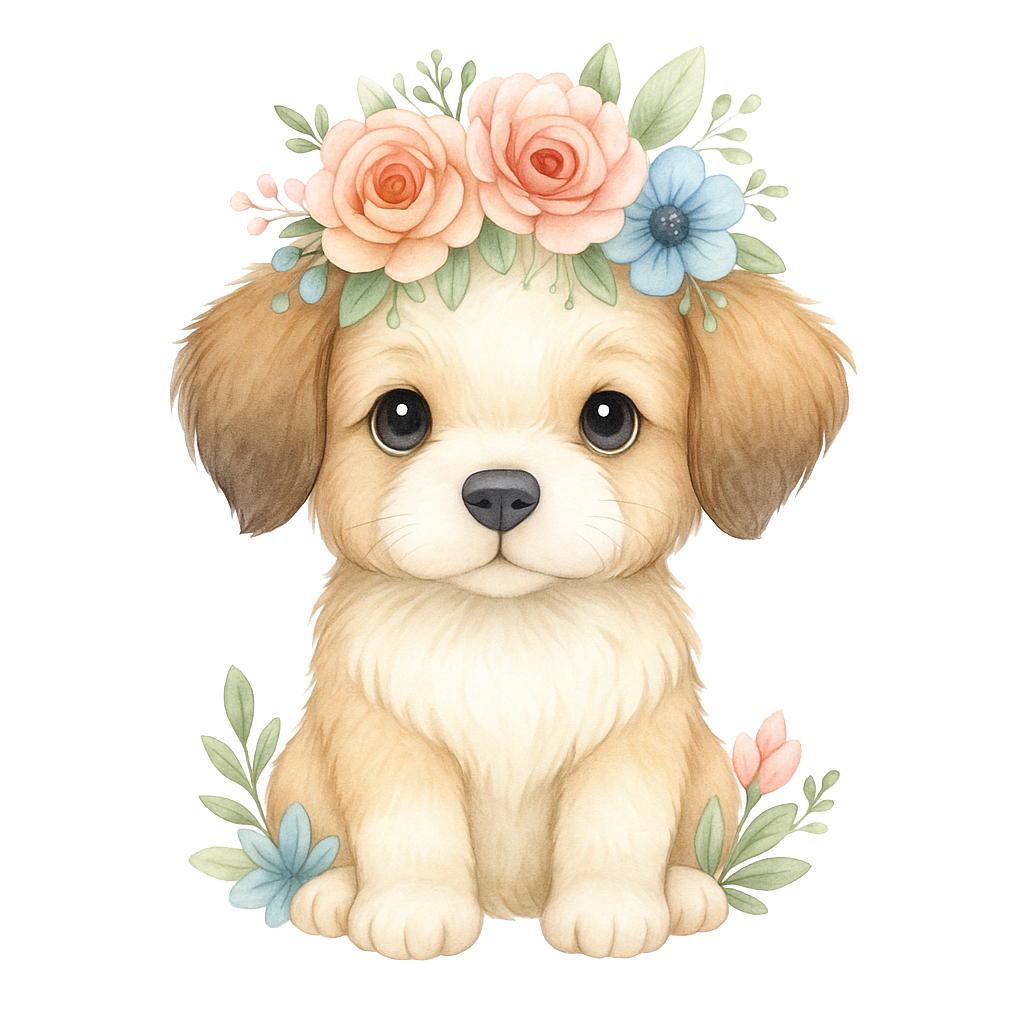 Hund med blommor till tyg