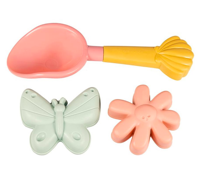 Sandformar och spade Blommor och Fjärilar