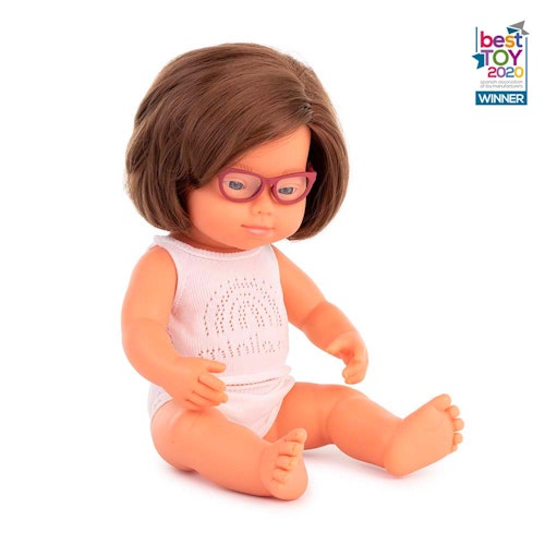 Baby doll caucasian girl with Down syndrome with glasses 38 cm