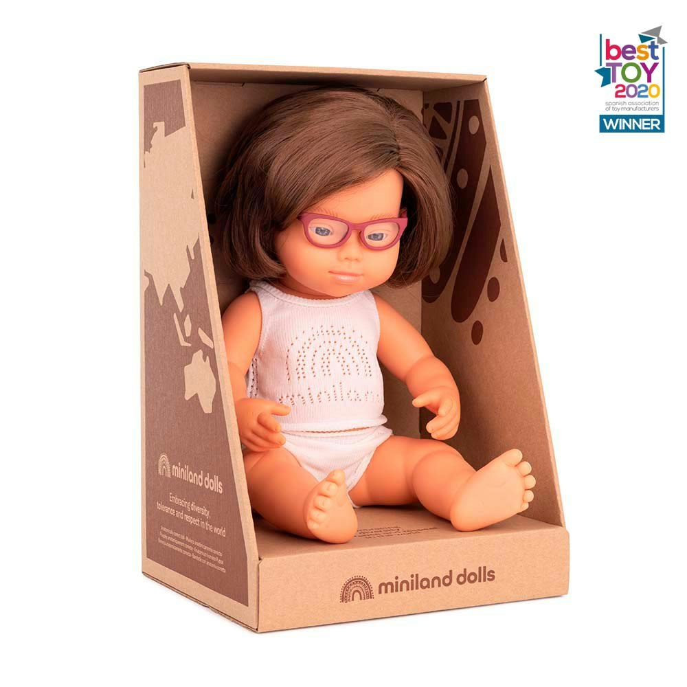 Baby doll caucasian girl with Down syndrome with glasses 38 cm