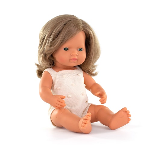 Baby doll caucasian dark blonde girl with cream rompers 38 cm