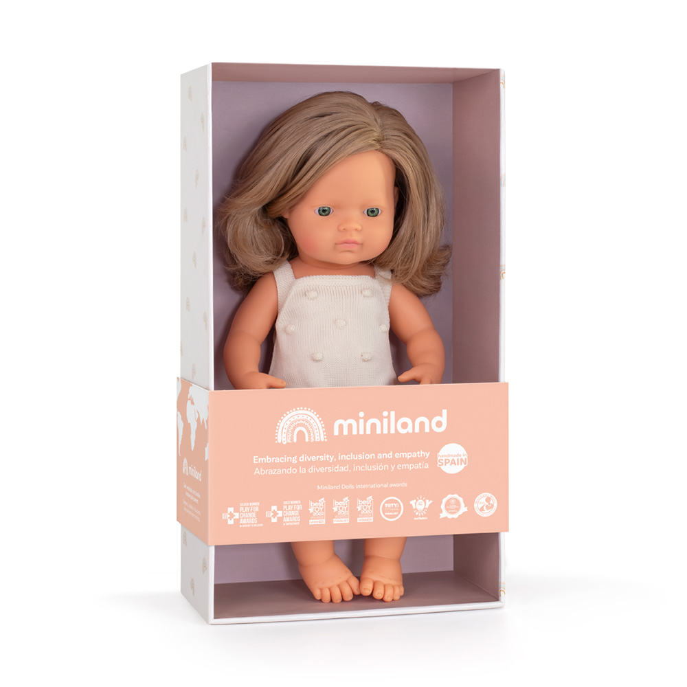 Baby doll caucasian dark blonde girl with cream rompers 38 cm