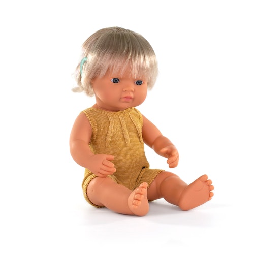 Baby doll caucasian girl with hearing aid and ochre rompers 38 cm