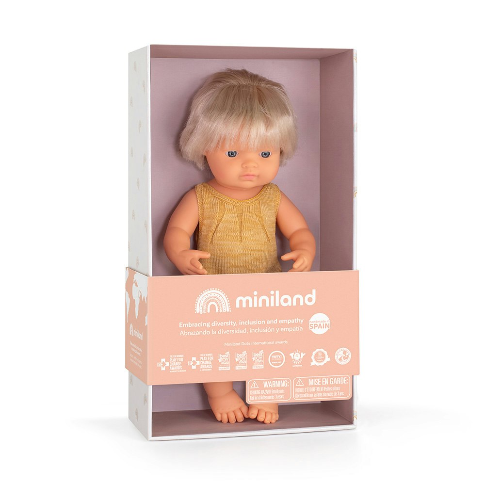 Baby doll caucasian girl with hearing aid and ochre rompers 38 cm