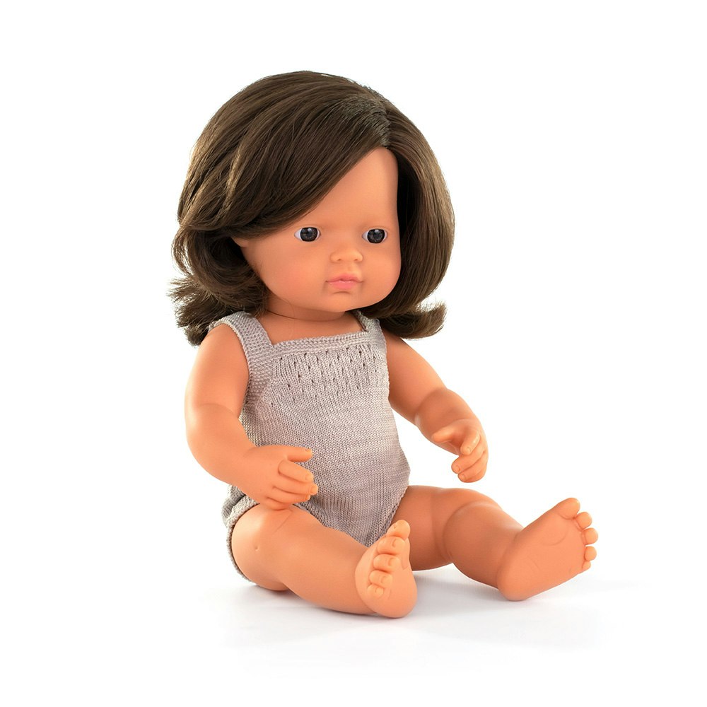 Baby doll caucasian brunette girl with grey rompers 38 cm