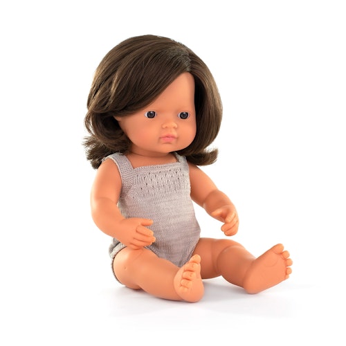 Baby doll caucasian brunette girl with grey rompers 38 cm