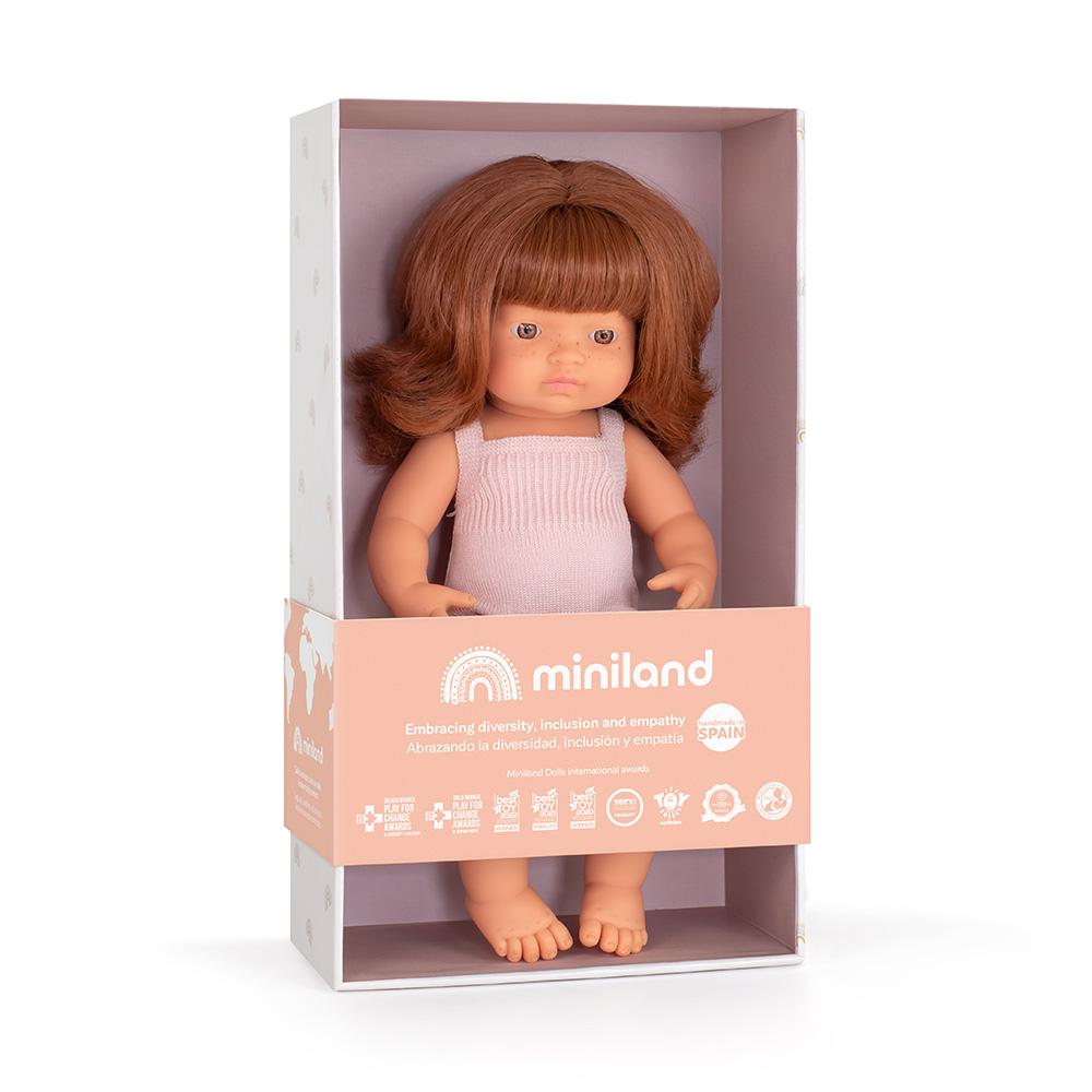 Baby doll redhead girl with pink rompers 38 cm