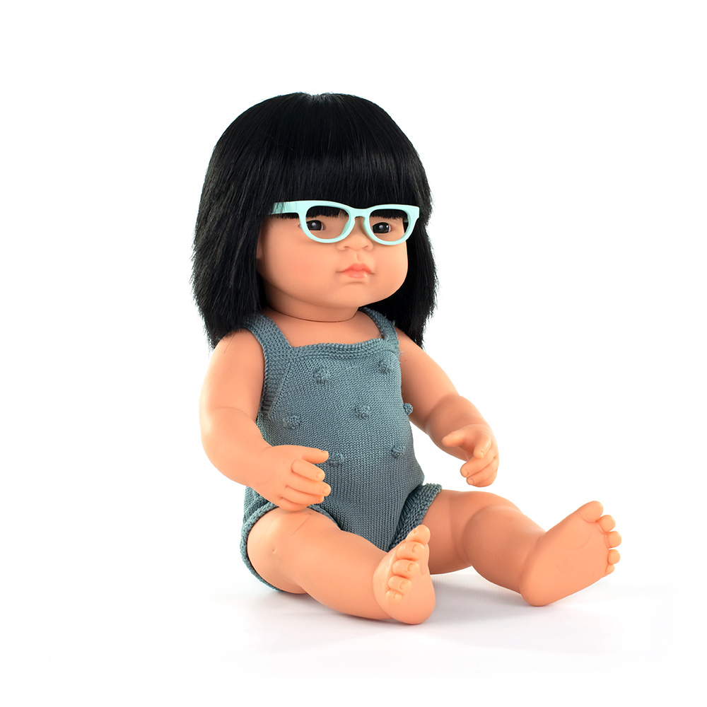 Baby doll asian girl with glasses and lead color rompers 38 cm