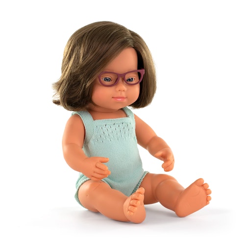 Baby doll caucasian girl with Down syndrome and glasses with turquoise rompers 38 cm