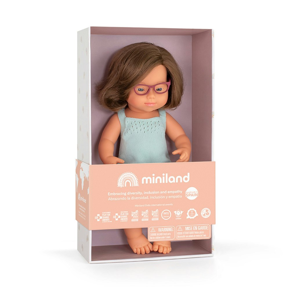 Baby doll caucasian girl with Down syndrome and glasses with turquoise rompers 38 cm