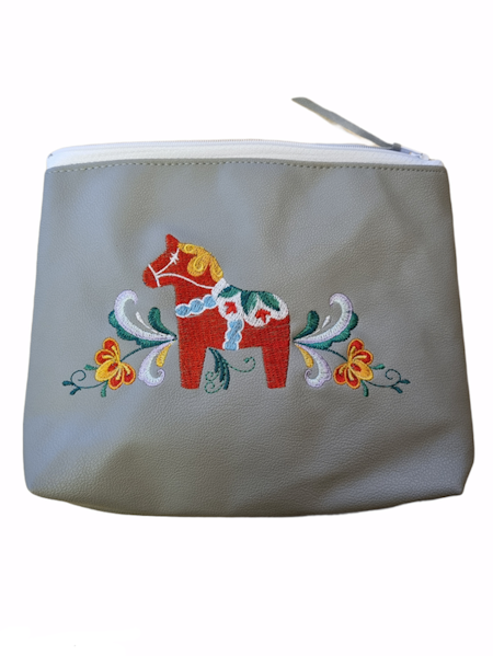 Broderad grå Necessär med dalahäst mönster