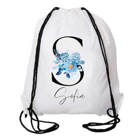 Personlig gympapåse med namn - initial-blå blomma