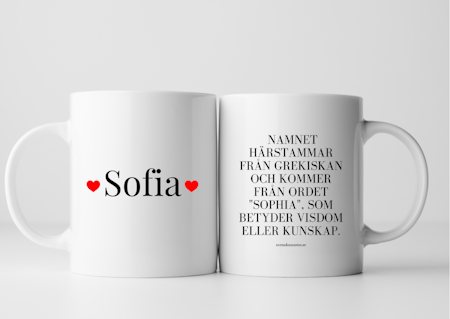 Personlig namn-mugg med hjärtramar och namnbetydelse – unik och omtänksam present