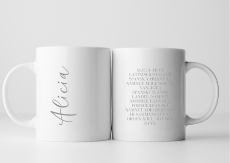Personlig namn-mugg med handskrivet namn och namnbetydelse – stilren och meningsfull gåva