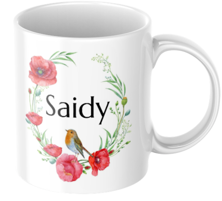 Personlig naturmugg med namn, vallmor och fågel – blommig presentmugg