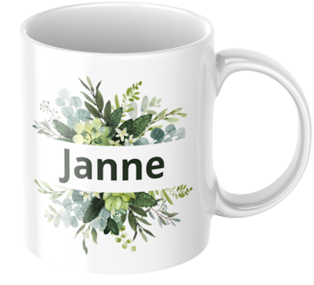 Personlig mugg med grön växt och namn – stilren naturinspirerad presentmugg