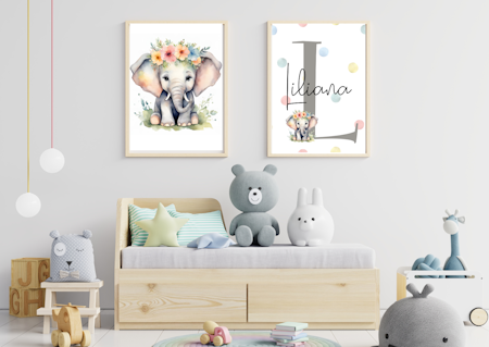 Personliga barntavlor - Posters till barnrummet-Elefant med blommor