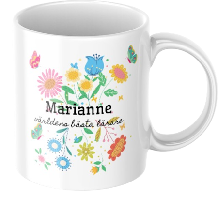Personlig vårmugg med blommor och fjärilar – färgglad namnmugg