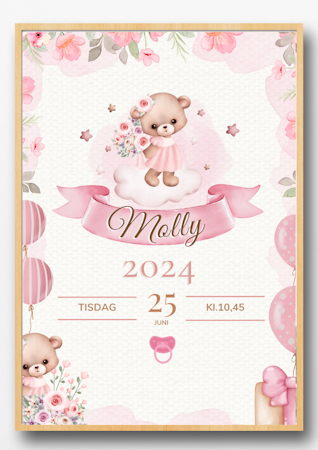 Doptavla -Födelsetavla -  Rosa Nalle - Flicka