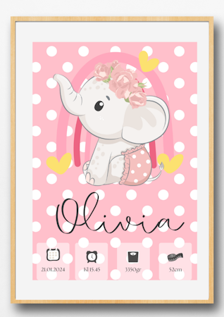 Personlig doptavla för flicka –Rosa Elefant - Födelseposter för barn