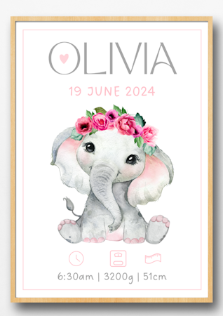 Doptavla -Personlig födelsetavla - Elefant