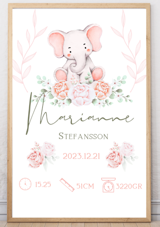 Doptavla - Personlig födelsetavla -Flicka - Elefant