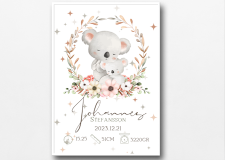 Doptavla - Personlig födelsetavla-Pojke-Flicka-Koala